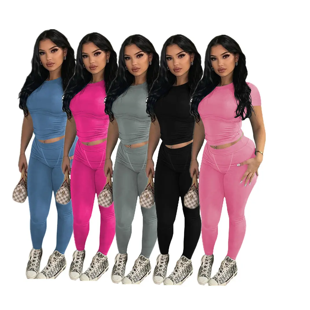 Drop shipping products 2024 summer clothes for women 2 piece set women ribbed leggings and t-shirt sets