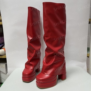 SHIKOL turuncu kırmızı sıcak pembe deri diz yüksek çizmeler kadınlar için çift platformu blok yüksek topuklu kadınlar için çizmeler üzerinde kat - Product Image 4