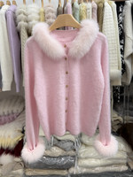 26 Cardigans en tricot de luxe pour femmes avec col en vraie fourrure de renard, pulls chauds au crochet, manteaux à poignets en fourrure de renard, hauts en peluche pour femmes, vêtements d'automne