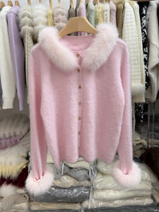 26 Luxuriöse Damen-Strickjacken mit Echtfuchs-Pelzkragen, Warme Häkelpullover, Fuchspelz-Manschetten, Plüsch-Oberteile für Damen, Herbstkleidung - Product Image 2