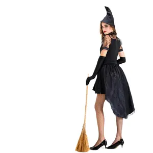 Vestido de bruja de Color negro para mujer, disfraces de Cosplay de Halloween, fiesta de carnaval, Cosplay para mujer