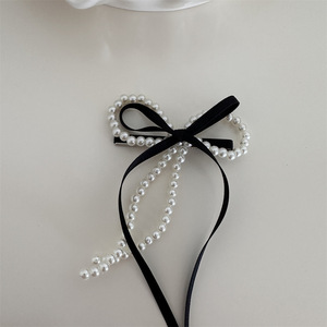 달콤한 멋진 소녀 긴 리본 긴 꼬리 활 진주 헤어 클립 키즈 보우 헤어 액세서리 악어 오리 빌 헤어 클립 - Product Image 3