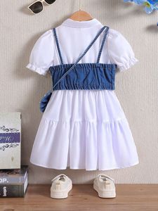 Wholesale Girls' Solid Short-sleeve <b>Patchwork</b> Petticoat With Beaded Denim Suspender Vest and Bag Girls Clothing Set 4-7Y - Product Image 2