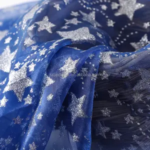 Colorful Blue Star Silver Print 100% Polyester Crystal Lace Glitter Voile Tulle Mesh Foil Wedding Organza Sheer Shiny Fabrics