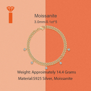 Pulsera de Moissanita con Eslabones Cubanos Brillantes y Elegantes, Chapada en Oro de 18K, Plata de Ley 925, 0.1Ct, Lista para Fiestas - Product Image 3