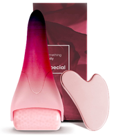 Ensemble de rouleaux de massage 2-en-1 en quartz rose et rouleau de glace pour le visage et les cernes