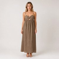 Robe longue d'été personnalisée pour femme en lin marron, col cœur, devant torsadé, taille empire, découpes, coupe fluide, idéale pour les vacances