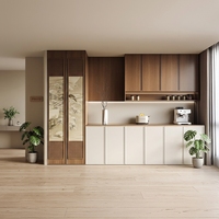 Armoire de chambre à coucher murale complète en composite à lattes perforées, avec fond mural panoramique et rangement pour café