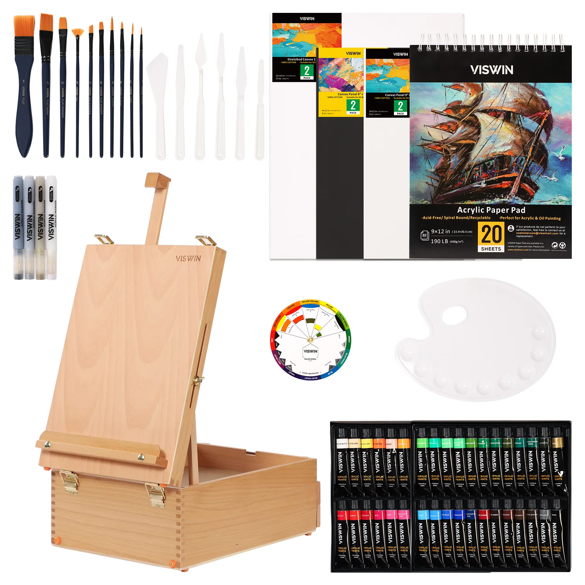 Viswin Acrylverf Sets Deluxe Kunstenaar Schilderij Set Met Houten Schildersezel, Verf En Accessoires Voor Kinderen, Volwassenen, kunstenaars