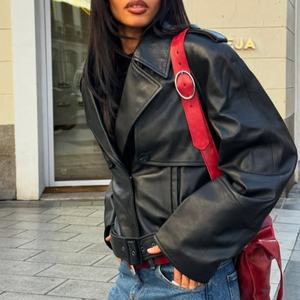 Veste en cuir véritable pour femme de haute qualité, style motard, veste en cuir courte, veste bomber en cuir élégante vintage à revers - Product Image 2
