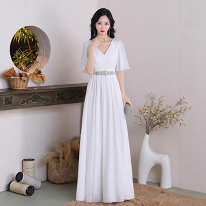 White Evening Gown Long Dress For Women Stage Performance Coming Of Age Ceremony - Product Image 1