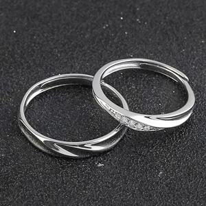 Vente flash - Bagues en argent 925 pour couple, design géométrique avec diamants, pour mariages et fiançailles, cadeaux de la Saint-Valentin pour hommes et femmes - Product Image 1
