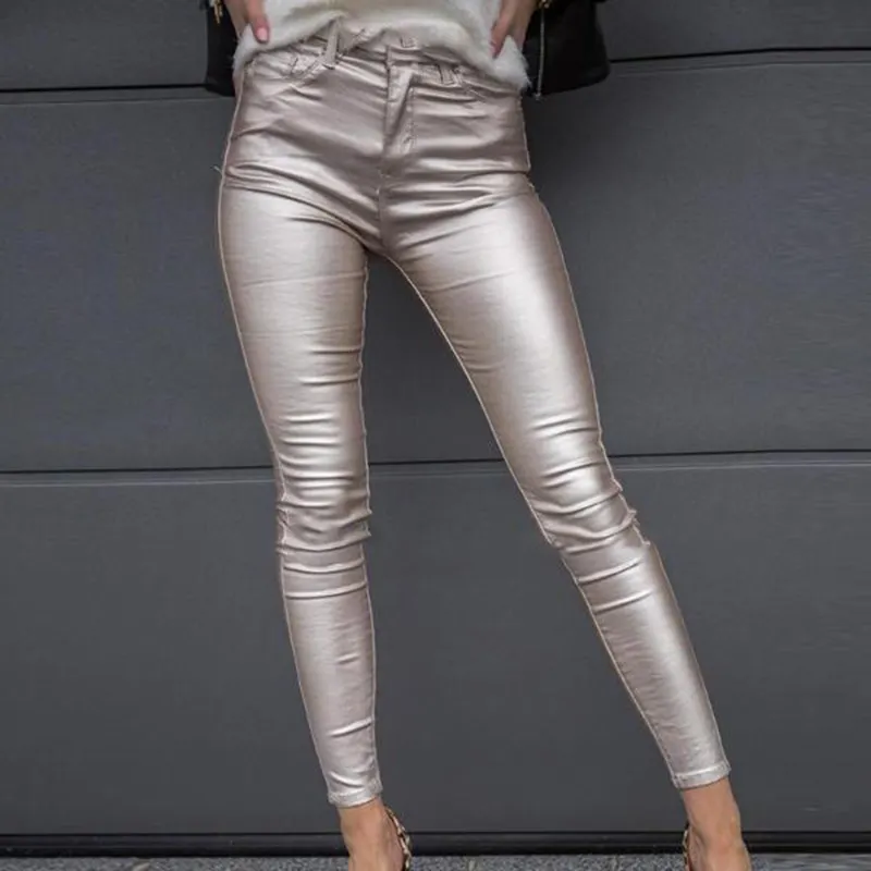 OEM Streetwear Popular Women Metallic Print Silver Skinny Pants