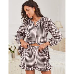 Women Gingham 2 Piece Pajama Set Long Sleeve Ruffle Shorts Sleepwear With <b>Pockets</b> Casual Woven Fabric Soft Comfortable Lounge - Product Image 2