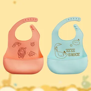 Manufacturer Custom Animal Printed BPA Free Baby Silicone Bib Feeding Waterproof Silicone Baby Bibs For Babies With Food Catcher