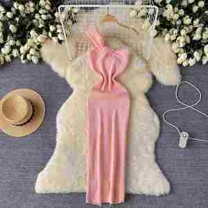 Vestido maxi casual de verano Y2K con abertura asimétrica, de punto, ecológico, transpirable, acrílico, corte A, para mujer, con cintura natural y encaje. - Product Image 1