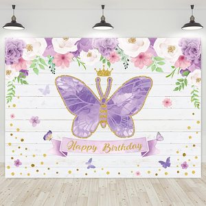 Pafu Lila Rosa Gold Rose Blumen fotografie Hintergrund Schmetterling Tisch Banner Dekor liefert Schmetterling Geburtstags feier Hintergrund - Product Image 1