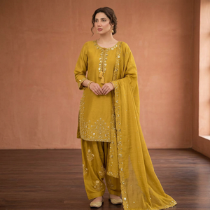 Conjunto de 3 piezas de traje Sharara de seda morada de moda para invierno, ideal para bodas indias y pakistaníes, con pantalones Gharara de Georgette y bordados de Zari dorado. - Product Image 1