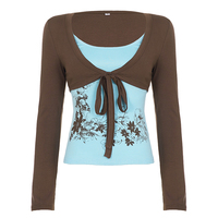 Conjunto de Dos Piezas para Mujer, Camisola con Estampado Retro y Blusa de Manga Larga con Lazo al Frente, Atuendo Casual a la Moda