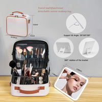 Valise de maquillage de voyage avec miroir, lumière LED, luminosité réglable, grande capacité, trousse de toilette