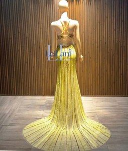 Robe de soirée sirène sans manches de luxe pour femme, ornée de strass haut de gamme, en soie, élégante - Product Image 5
