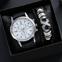 Coffret Cadeau 3 Pièces Montre et Bracelet avec Boîte, Tendance Mode, Cadran Miroir en Verre Bleu Clair, Montre à Quartz pour Homme
