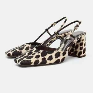 Ladies Faux <b>Suede</b> Hair Leopard Print Square Toe Chunky Heel Slingback Sandals Adjustable T-Strap for Evening Casual Work Events - Product Image 1