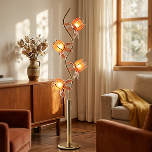 Lámpara de pie Lotus con base curva en forma de S, pantalla de cristal con 4 cabezas en forma de flor rosa-naranja, lámpara de pie con iluminación cálida para sala de estar - Product Image 1