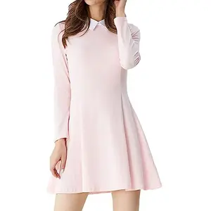 Custom Wholesale Women's Long Sleeve Solid Casual Peter Pan Collar Fit and Flare Skater Dress A-line Casual Dresses