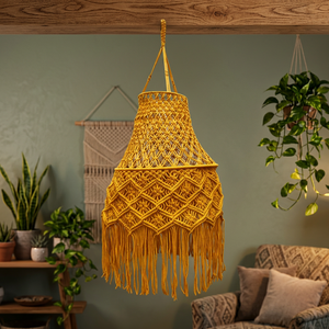 Abat-jour suspendu en macramé jaune avec pompons, décoration bohème pour salon, utilisation en intérieur - Product Image 3