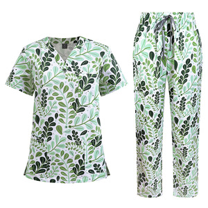 100% Cotton Woven Unisex Printed Hospital Scrub Sets V-neck Maternity <b>Nurse</b> Workwear Stretch Waistband Drawstring Pants - Product Image 2