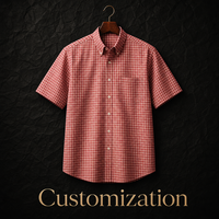 Kemeja Pria Lengan Pendek Motif Tartan Merah Putih Kustom, Katun Premium Bernapas, Motif Kotak-kotak Mikro, Kasual Musim Panas, Kemeja Kancing Pria