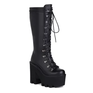 Bottes Punk noires à lacets pour femme, chaussures à plateforme de style gothique, épaisses et compensées avec talons