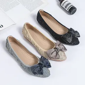 Factory Wholesale Bling Upper Casual Flats non-slip Spring Autumn Lady Shoes Fashion Bowknot Slip-on Outdoor Dress Pumps women
