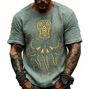 <span class=keywords><strong>Camiseta</strong></span> de manga corta con estampado de pulpo <span class=keywords><strong>celta</strong></span> vintage para hombre, <span class=keywords><strong>camiseta</strong></span> informal de mezcla de lino con cuello redondo, tops de playa de verano - Product Image 3