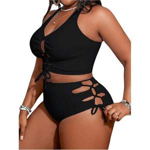 Conjunto de bikini personalizado para mujer, talla grande, con tiras cruzadas en la espalda, con cordones, control de abdomen, traje de baño de 2 piezas - Product Image 4