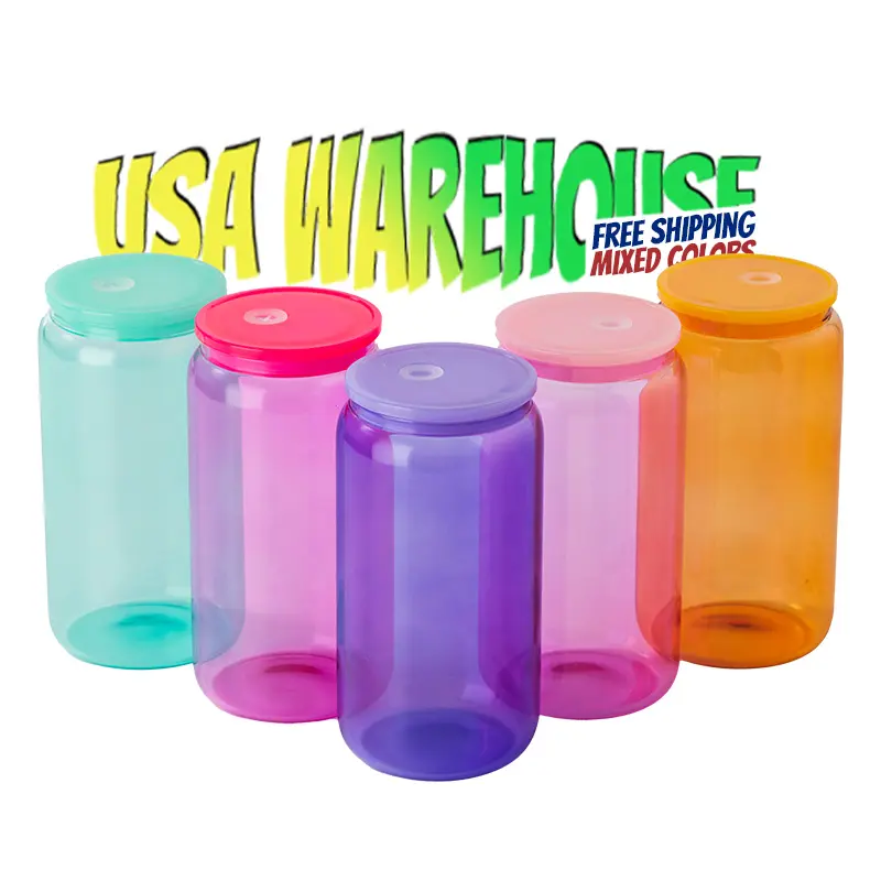 USA Warehouse 16 oz Sublimación Taza de vidrio transparente 16 oz Lata de cerveza de vidrio colorida con tapa de bambú y pajitas