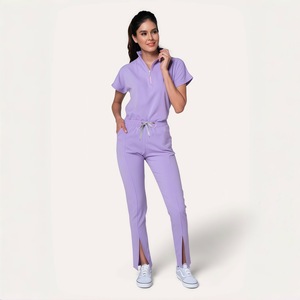 Women's Short Sleeve <b>Scrub</b> Set Solid Color Moisture Wicking Knitted Hospital Uniforms Split Set For Nurses Work <b>Clothes</b> - Product Image 4