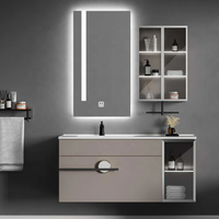 Muebles de Baño de Alta Calidad, Conjunto de Muebles de Baño con Encimera de Piedra, Espejo Inteligente con Luz Ambiental, Gabinete de Madera Maciza Montado en la Pared