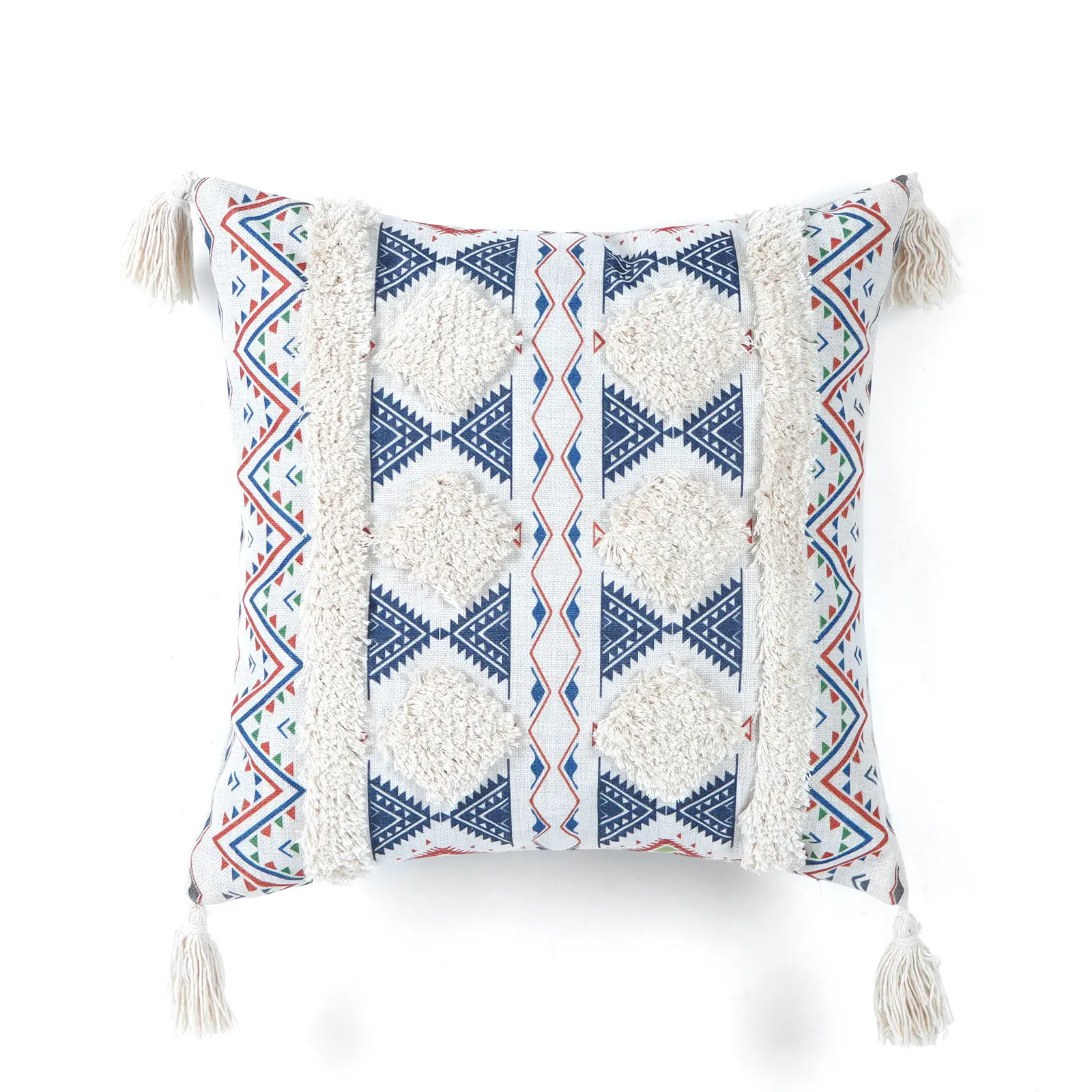 Square Cushion Covers Geometric Pattern Boho Tufted Tribal Throw Pillow Cases With Tassels