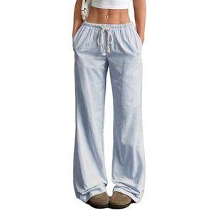 OEM nouveauté pantalon de pyjama en popeline de coton des années 60 taille haute coupe ample anti-rides bouton plat rayures roses à carreaux teints - Product Image 1