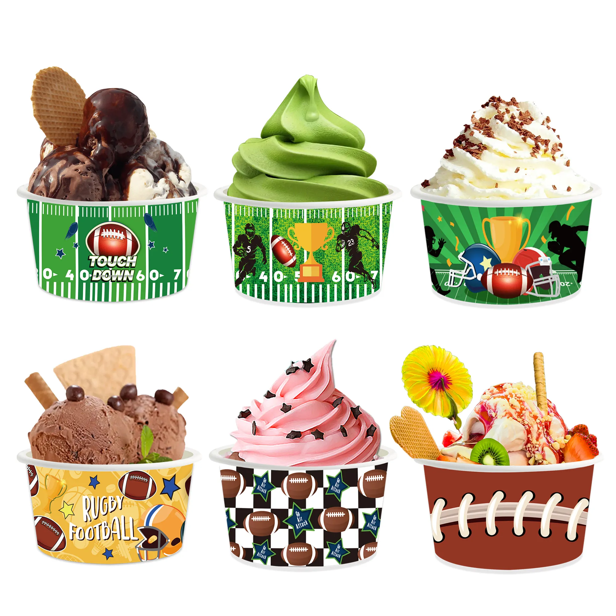 Bq020 Bóng Bầu Dục 8 Oz Ice Cream Cốc Giấy 24 Pcs Dùng Một Lần Món Tráng Miệng Đồ Ăn Nhẹ Súp Bát Cho Thể Thao Nguồn Cung Cấp Bên