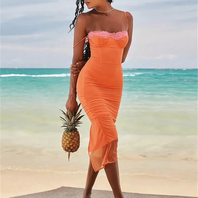 Custom Logo Sandy Beach Lace Vest Summer Casual Orange Maxi Women's Dress