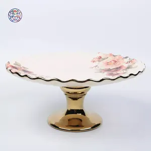 Yongsheng Luxury Handmade Gold White Ceramic Fruit Cake Stand Afternoon Tea Display Flower Decal Cake Stand
