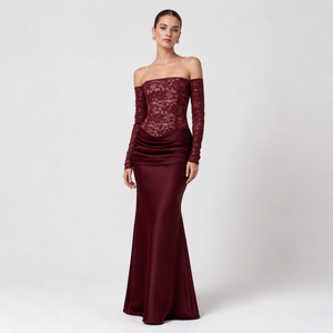 Abito <span class=keywords><strong>da</strong></span> <span class=keywords><strong>sera</strong></span> a sirena in raso <span class=keywords><strong>bordeaux</strong></span> con spalle scoperte, corsetto in pizzo floreale e maniche lunghe arricciate, personalizzato OEM/ODM, per donna, abito formale, produzione in fabbrica - Product Image 1