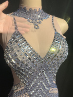 Luxury Diamonds Embellished Low Cut Deep V See-through slip Dress Women Sexy Party Dresses Elegant Evening Dress Stage Wear