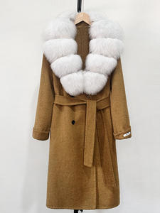 Manteau de laine de luxe à la mode avec ceinture gros poignets en fourrure de renard véritable manteau de laine long manteau de laine de cachemire femmes - Product Image 5