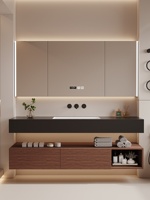 Évier mural en quartzite noir de style hôtelier avec miroir intelligent intégré en bois de caoutchouc à double couche, sans joint, en céramique, avec miroir intelligent inclus