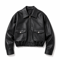 Jaket Bomber Wanita Kulit Nappa Asli Hitam, Pendek, Kasual, Anti Angin, Polos, Berwarna, Model Zip-Up, Saku Lipat