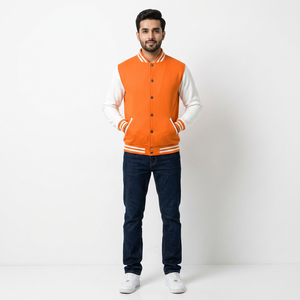 <b>Mens</b> Orange <b>White</b> Canvas Varsity Bomber <b>Jacket</b> Stylish College Front Hooded Quilted Outerwear Trendy Streetwear Warm Winter - Product Image 1